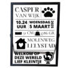 Een zwarte fotolijst met daarop verdeeld over vakken de naam, tijd, datum, gewicht, lengte, adres, stad, een gedichtje en bijpassende symbolen.