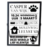 Een zwarte fotolijst met daarop verdeeld over vakken de naam, tijd, datum, gewicht, lengte, adres, stad, een gedichtje en bijpassende symbolen.