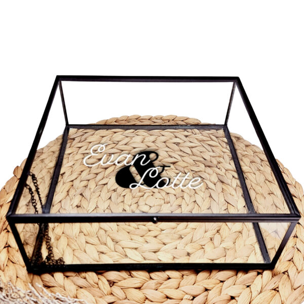 Vierkant glazen kistje met zwart frame en een sierlijke bedrukking van twee witte namen met daartussen een zwart en teken.