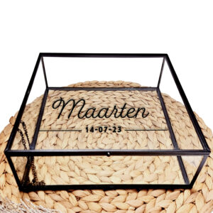 Glazen kistje met zwart frame en een zwarte opdruk van de naam onderstreept door een gebroken lijn met daartussen een datum