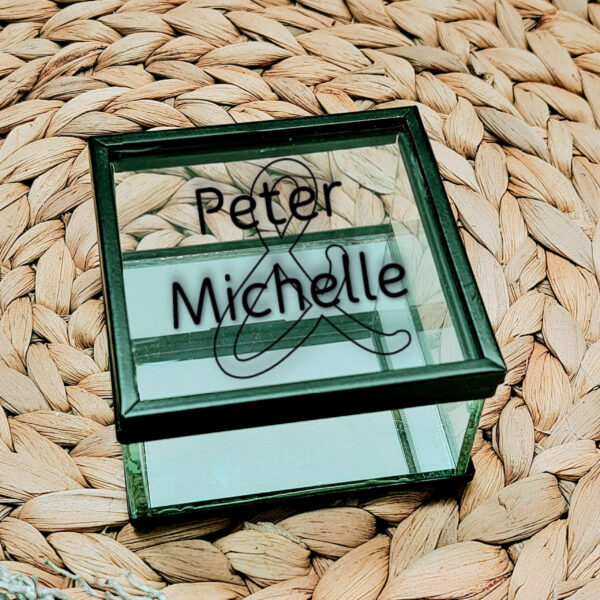 klein vierkant glazen kistje met zwart frame en een opdruk van twee namen onder elkaar met daarachter de omlijning van een en teken.
