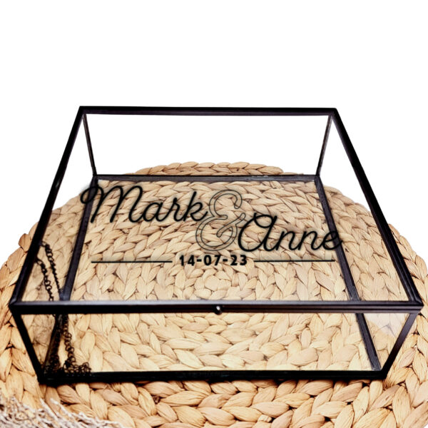 Glazen kistje met zwart frame en een opdruk van twee namen met een omlijnd en teken met daaronder een lijn die onderbroken is door een datum
